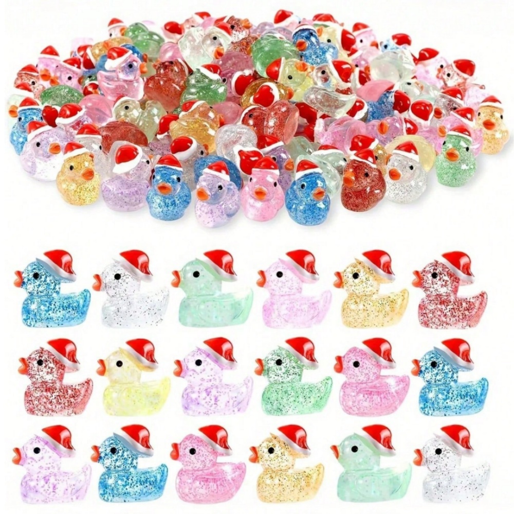 Resin Glitter Pack - 50-teiliges Weihnachts-Enten-Geschenkset mit Weihnachtsmannmützen, glänzenden Glitzer-Mini-Gummienten,